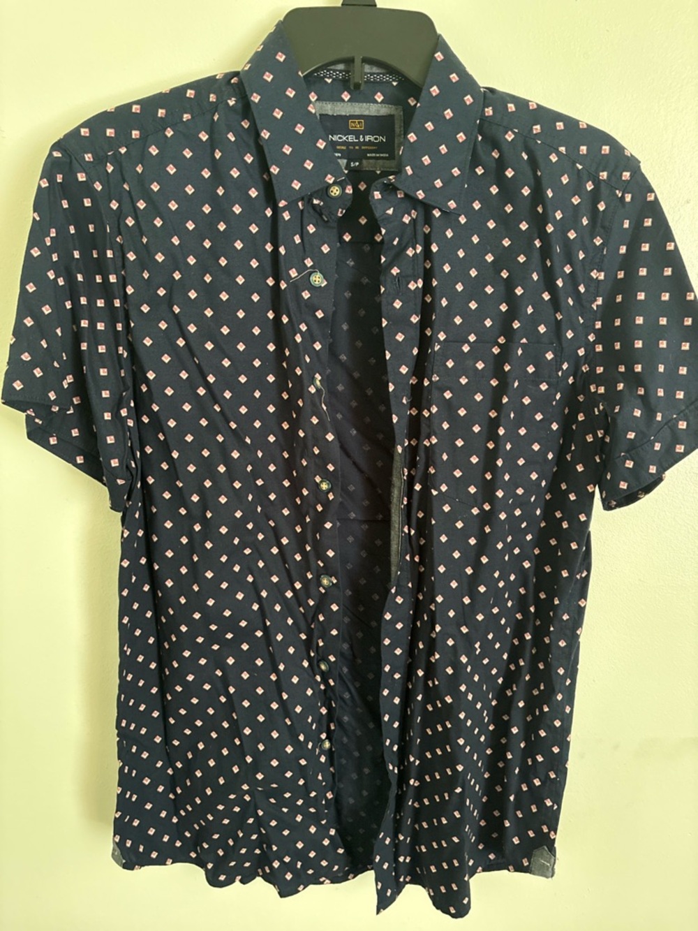 Men's Navy Short-Sleeve Button-Up Shirt with Pink Pattern
